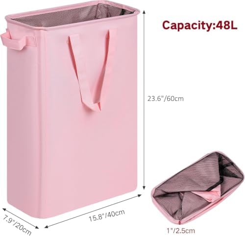 efluky Slim Laundry Basket, Narrow Laundry Hamper with Handles, Collapsible Dirty Clothes Hamper, Tall Laundry Bin for Laundry Room, Dorm and Bedroom, 12.7 Gallons(48L) Pink - Image 3