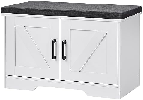 HOMSHO Farmhouse Shoe Storage Bench with 2 Barn Doors & Padded Seat Cushion by HOMSHO