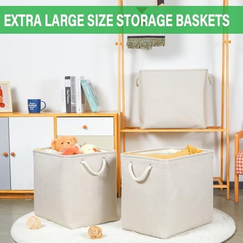 Bidtakay Extra Large Storage Baskets for Organizing Clothes Storage Bins 3 Pack Fabric Storage Bins for Shelves Linen Collapsible Organizer for Closet-Light Biege - Image 5