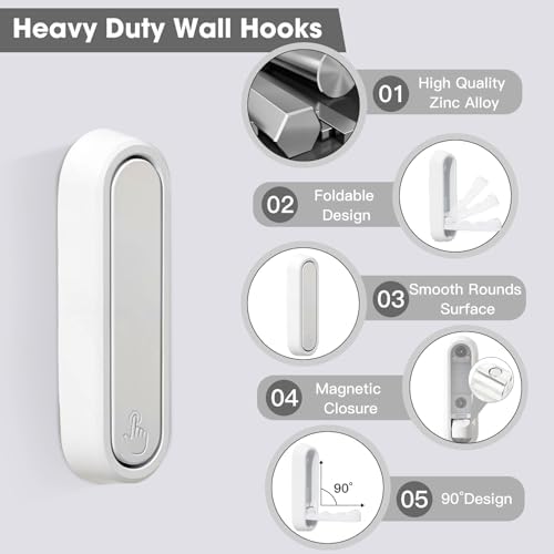 Dntorx Folding Wall Hooks, 2 Pack, White, Zinc Alloy, Heavy Duty Coat Hooks - Image 2