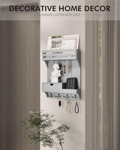 Rebee Vision Key Holder Wall Mount with Drawer & Shelf for Entryway, Gray - Image 3