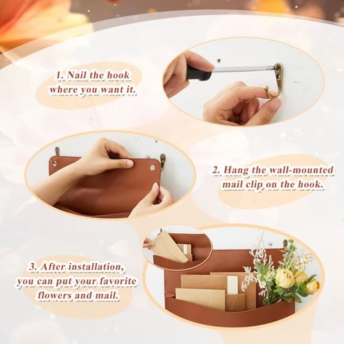 Marspark 2 Set PU Leather Mail Holder Wall Mount 12.2x10.24 Inch Leather Letter Holder 2 Ring Binder Hanging Wall File Organizer Mail Sorter for Decor Storage Letter Postcard Flower Home Office(Brown) - Image 4