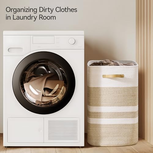 Nunsino 87L Laundry Hamper,Laundry Basket with Leather Handles,Woven Storage Basket for Toys,Pillows,Blankets,Clothes,Brown&White - Image 3