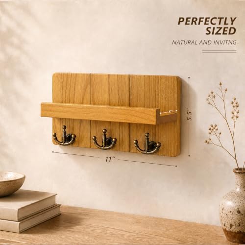 Rebee Vision Key Holder Wall Mount with 3 Hooks for Home Decor, Light Brown - Image 2