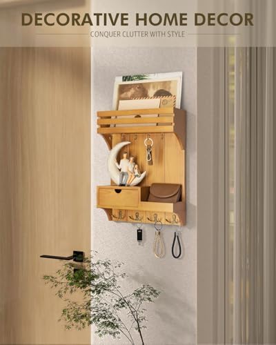 Rebee Vision Key Holder Wall Mount with Drawer for Room Decor, Light Brown - Image 3