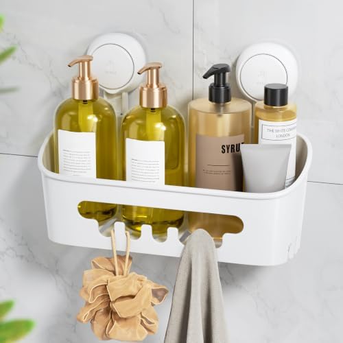 LEVERLOC Shower Caddy Suction Cup, Shower Organizer Removable Bathroom Shelf, Storage Suction Powerful Max Hold 22lbs Bathroom Caddy Waterproof Holder, White by LEVERLOC