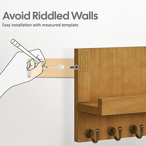 HONJIN Farmhouse Wall Key Holder for Wall : Holiday Card Slot Design Wooden Mail Organizer Wall Mount Dog Leashes Holder Hanger (Light Brown) - Image 3