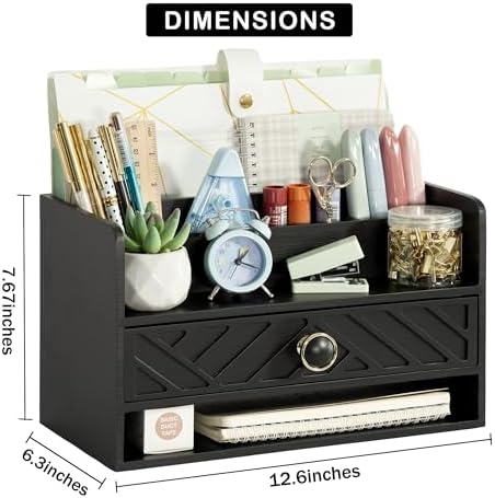 dreampossible Black Wood Desk Organizer and Accessories with Drawer, Bill Mail Organizer and File Mail Holder for Office Supplies, Desk Accessories & Workspace Organizers for Desk Organization - Image 4