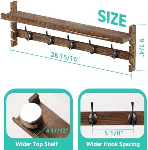 AMBIRD Wall Hooks with Shelf 28.9inch Entryway Wall Hanging Shelf, Wood Coat Hooks, Coat Rack Wall Mount Rack with 5 Dual Hooks, Glasses Organizer and Hat Organizer - Image 5