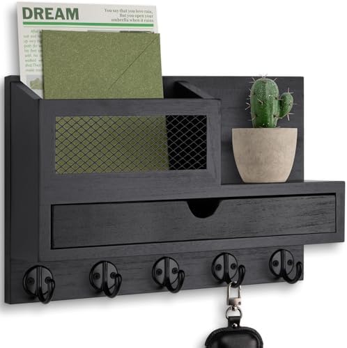 Key Holder for Wall with 5 Key Hooks and Storage Drawer by Lucundm
