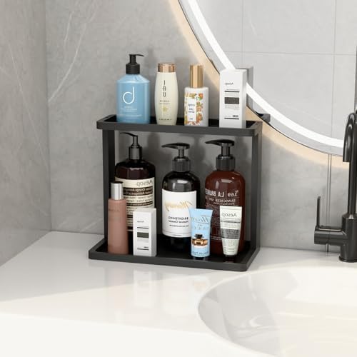 PEKER Bamboo Bathroom Organizer Countertop – Small Vanity Storage Shelf for Makeup, Perfume, Skincare – Natural Cosmetics Display Rack for Dresser, Sink, Kitchen –Black - Image 4