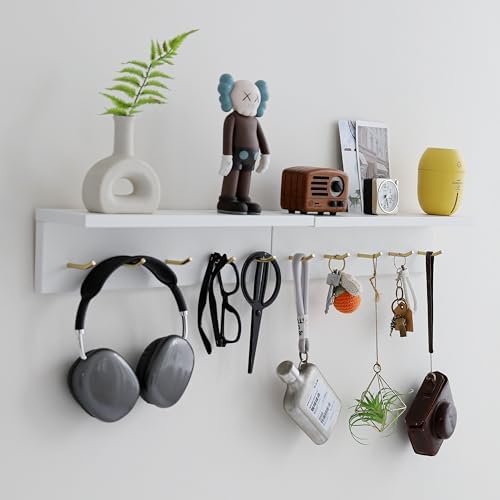 Marine Plywood Wall Mounted Coat Rack with Shelf & Key Hooks, 5 Brass Hooks Entryway Organizer, Modern Floating Shelf for Bedroom Hallway, Space-Saving Home Storage Rack (2, White) - Image 5