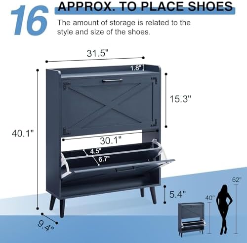 Barnyatoh Farmhouse Shoe Storage Cabinet with 2 Flip Drawers & Barn Door - Image 2