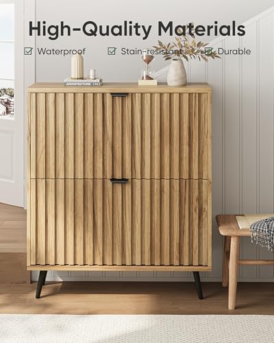 Shoe Storage Cabinet, Fluted Shoe Cabinet Storage for Entryway, Hidden Shoe Cabinet with Metal Legs,Shoe Organizer Cabinet with Flip Doors, Slim Entryway Shoe Storage Cabinet, Natural Wood-31.5in - Image 5