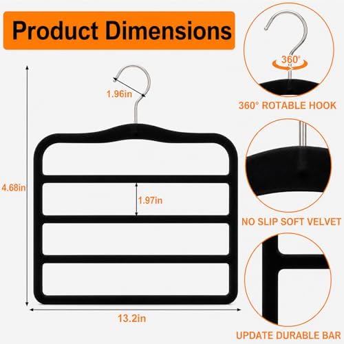 4 Tier Velvet Pant Hangers, 2 Pack Non Slip Multi Layer Closet Organizers | Space Saving Black Storage Hangers For Jeans, Leggings, Scarves,Skirts, Ideal For Dorm Rooms, Apartments, RVs Or Small Closet - Image 4