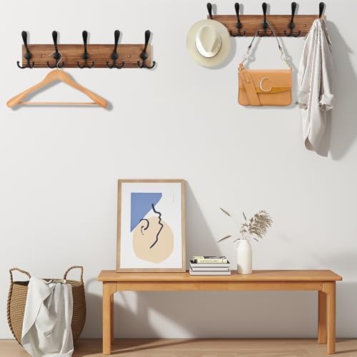 Kuhome 2pcs Coat Rack Wall Mount Wooden Hat Rack for Wall Hooks Pine Real Wood Plank 16.9" Brown Coat Hanger with 5 Triple Hooks for Hanging Coat Hat Jacket - Image 3