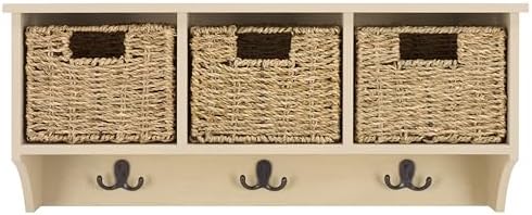 SAFAVIEH Home Collection - Finley Sand Wall Mounted 3-Basket Storage Rack with Hooks & Seagrass Baskets (HAC5700E) by Unknown