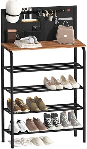 STORAGE MANIAC 5 Tier Shoe Rack for Entryway, Metal Shoe Shelf with Storage Pocket and MDF Top Board, 16-20 Pairs Free Standing Shoes Organizer for Closet, Black by STORAGEMANIAC