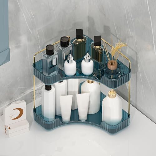 Corner Bathroom Counter Organizer Bathroom Countertop Shelf Makeup Organizer for Vanity Perfume Tray for Corner Storage (2 Tiers, Blue) - Image 4