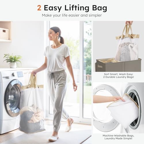 SOLEDI Large Double Laundry Hamper with Lid, Collapsible Clothes Hamper 2 section with Removable Bags, Space-Saving Laundry Basket for Bedroom, Dorm, College - Image 4