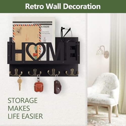 Wall Mount Mail and Key Holder, Wooden Mail Organizer with 4 Double Hooks, Black Metal Letters, Farmhouse Home Decor, Entryway Storage, 10.8 x 3.3 x 6.2 Inches - Image 4