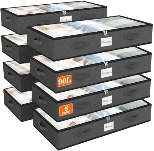 90L Under Bed Storage Containers, Storage Bags, Organizers, 8-Pack, Gray | Foldable, Soft Fabric, Closet Organizers, Reinforced Handle, Label Holder, Clear Window, for Comforters, Clothing, Blankets by Unknown