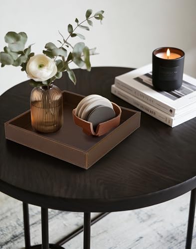 HofferRuffer Faux Leather Vanity Tray, Elegant Desktop Storage Organizer, Decorative Catchall for Perfume, Bathroom Valet, Nightstand or Dresser, 10 x 10 x 1.8 inches (Brown) - Image 5