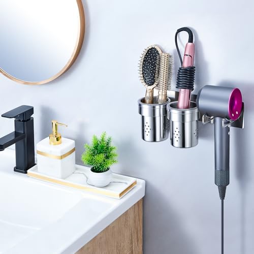 Hair Tools Organizer 5-in-1, Bathroom Hair Dryer Holder Wall Mount Adhesive, Hot Tools Holder Storage Metal with 2 Removable Cups, Blow Dryer Holder for Flat-Curling Iron, Brushes(Silver) - Image 2