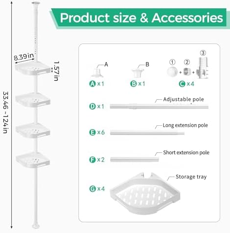 shuang qing 4-Tier Corner Shower Caddy Tension Pole Organizer, White - Image 2
