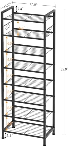 8 Tiers Narrow Shoe Rack 16-24 Pairs, Sturdy Metal Tall Shoe Rack with 4 Hooks, Slim Shoe Storage Organizer with Metal Shelf, Space Saving Vertical Shoe Shelf for Entryway, Closets, Black - Image 3