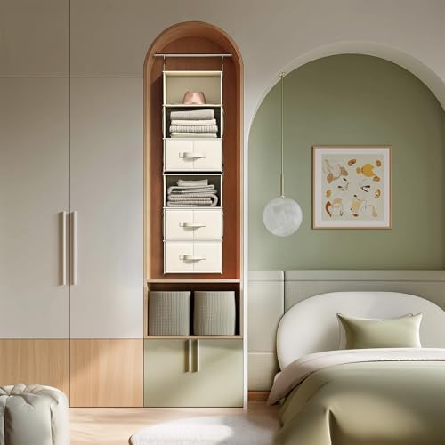 6-Shelf Hanging Closet Organizer with 3 Drawers, 2-in-1 Design, Beige | Converts into Two 3-Shelf Organizers, Foldable Drawers, Side Pockets, Ideal for Wardrobe, Nursery, Dorm & Closet Storage - Image 2