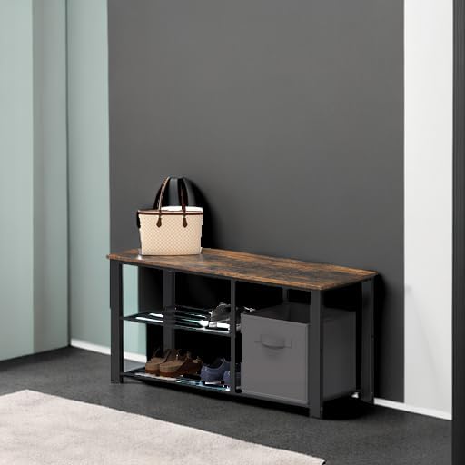 Simple Houseware Wooden Top Shoe Rack Bench with Bins, Rustic Brown - Image 6