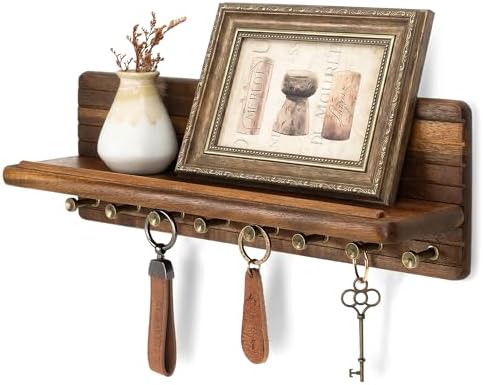 Rebee Vision Acacia Wood Key Holder Wall Mount with Shelf Home Decor, Brown by REBEEVISION