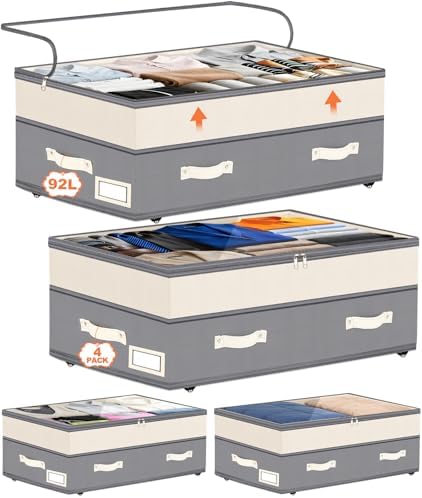 Dolicer 4 Pack Under Bed Storage with Wheels, 6in-10in Height Adjustable Underbed Storage Containers, 92L XXXL Under Bed Drawers Rolling Bin with Clear Lids for Dorm Shoes Clothes Organizers(Grey) by DolicerLANDSCAPEQ