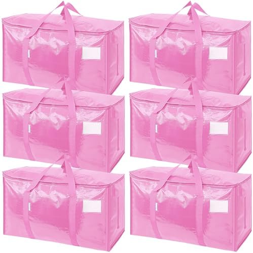 TICONN 6 Pack Extra Large Moving Bags Heavy Duty with Zippers & Carrying Handles, Durable Storage Bags Moving Boxes for Closet Organizers and Storage (6 Pack, Pink) by TICONN