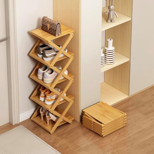 Bamboo Shoe Rack - No Assembly Required, Tall Narrow Foldable Shoe Organizer, Space-Saving Multifunctional Shelf for Entryways, Corners, Bedrooms, Balconies, 4 Layer(Reinforced and Thickened) - Image 2