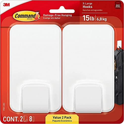 Command 15 Lb XL Heavyweight Wall Hook, Damage Free Hanging Wall Hook with Adhesive Strips, Heavy Duty Single Wall Hook for Hanging Back to School Organizers, 2 White Hooks and 8 Strips by Unknown