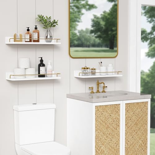 Forbena Gold Floating Shelves for Wall Decor Set of 3, Bathroom Shelves Over Toilet, Modern Display Wall Shelf with Guard Rail for Living Room Bedroom Organizers and Storage - White and Gold - Image 2
