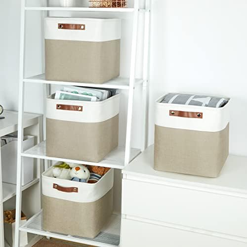 Temary Fabric Storage Baskets 12x12 Cube Bins 4 Pack Cloth Baskets for Shelf, Storage Cubes Bins Gift Empty (White&Khaki) - Image 5