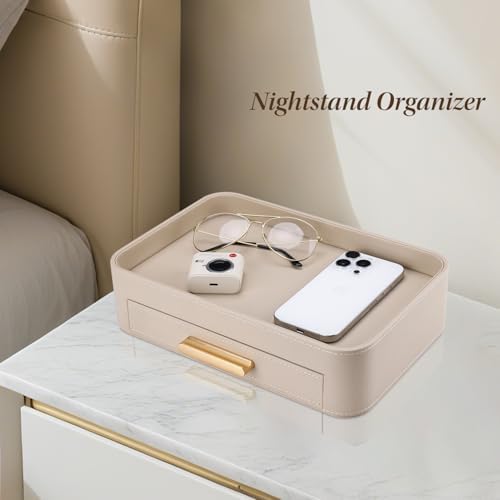 GORESE Valet Jewelry Tray Nightstand Organizer with Drawer, PU Leather Perfume Tray Trinket Trays for Vanity Bathroom Entryway, Catchall Trays for Key Purse Watch Cologne, Gift for Women Men, Beige - Image 4