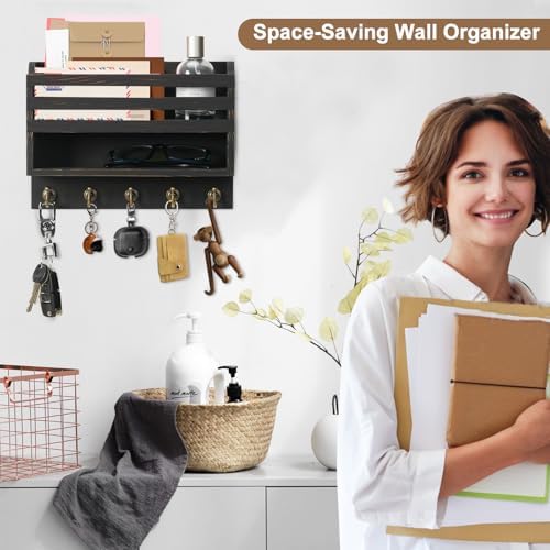 Key Holder Wall Mount with Mail Organizer, 5 Key Hooks, Black - Image 3