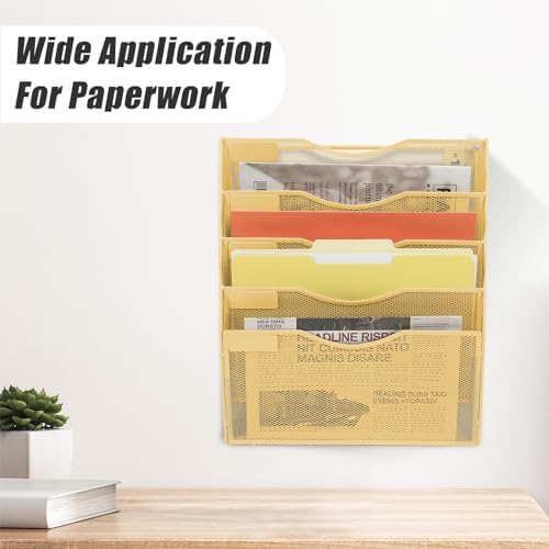 EASEPRES 5 Pocket Mesh Hanging Wall File Organizer, Wall Mounted Mail Paper Document Folder Holder, Clipboard Storage Organization Magazine Rack with Nametag Label for Office Home School, Gold - Image 6