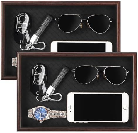 Wooden Valet Tray with Leather Base - Nightstand Catchall Organizer for Cologne, Perfume, Keys, Wallet, Phone, Watch, Jewelry & Sunglasses (2Pcs Black) by Zosenley