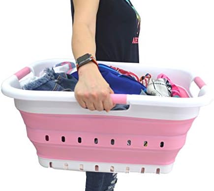 SAMMART 41L Collapsible 3 Handled Plastic Laundry Basket - Foldable Pop Up Storage Container/Organizer - Portable Basket - Space Saving Hamper/Basket (3 handled rectangular, White/Pink) - Image 7