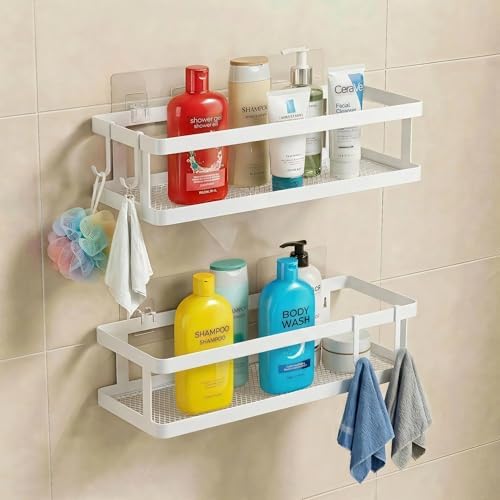 PUSDON 2-Pack Minimalist Shower Caddy Wall Mount, Open Frame Bathroom Shelf Organizer with Mesh Base, Rustproof Floating Spice Rack for Kitchen, Holds 50 LBS, 4 Hooks - White, Guardrail - Image 2
