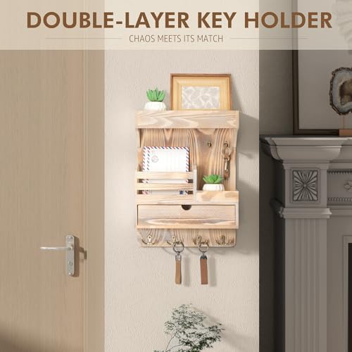 Rebee Vision Key Holder Wall Mount with Drawer for Entryway, Natural Wood - Image 3