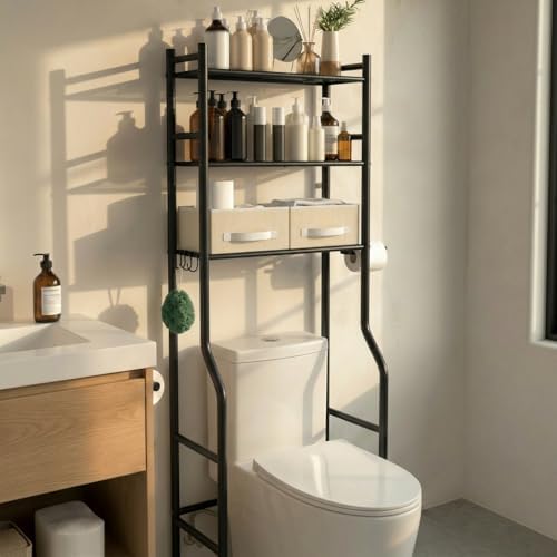 GloTika 3-Tier Over Toilet Storage, Anti-Tilt, 64" H, Black, 2 Baskets - Image 4