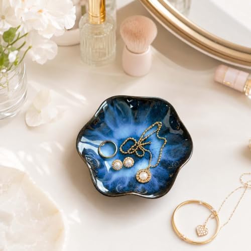 Lotus Leaf Shape Jewelry Dish Tray,Ceramic Blue Trinket Tray(Blue) - Image 2