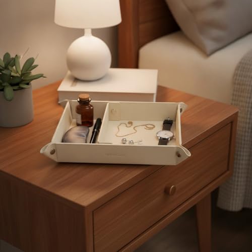 UnionBasic Medium Jewelry Tray for Rings Watches Earrings, Entryway Catchall Caddy for Coins Keys Change, Nightstand Bedside Valet Holder, Trays for Electronic Gadgets, Lychee Beige Plus - Image 6