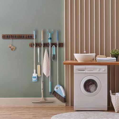 OUTNILI 2 Pack Mop Broom Holder Wall Mount - Wood Broom Mop Hanger - Wall Mounted Garden Tool Rack Organizer for Closet Garage Laundry Room Farmhouse Rustic Kitchen Decor With 4 Slots & 4 Hooks - Image 3